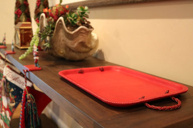 Baila | Red Leather Serving Tray with Braided Handlescategory_Kitchen & Dining from Bati - SHOPELEOS