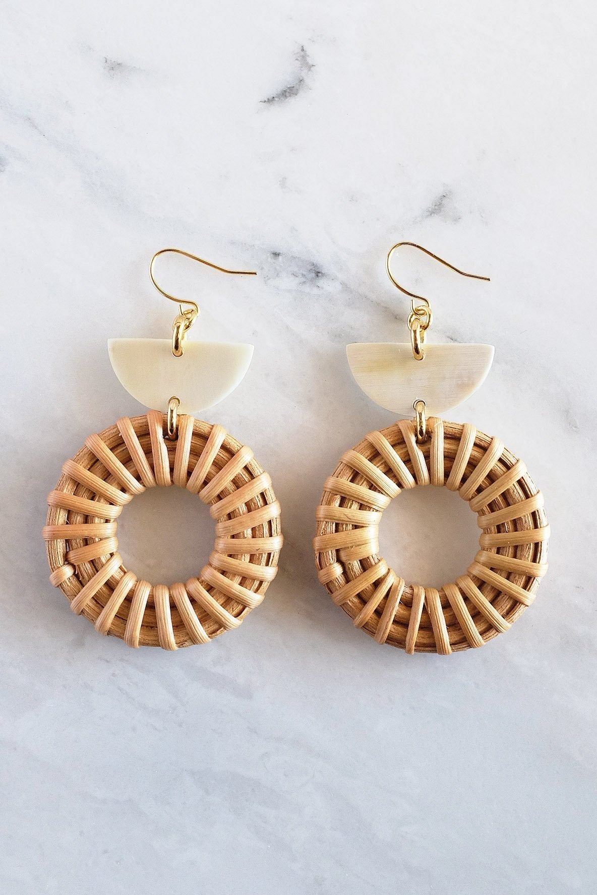 Ninh Binh 16K Gold Plated Brass Horn & Rattan (Straw/Wicker) Crescent & Donut Earringscategory_Accessories from Hathorway - SHOPELEOS